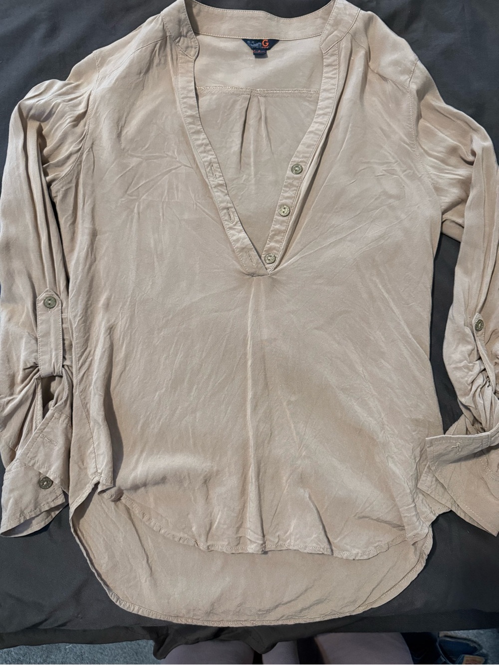 G by Guess Taupe V-Neck Button-Front Blouse